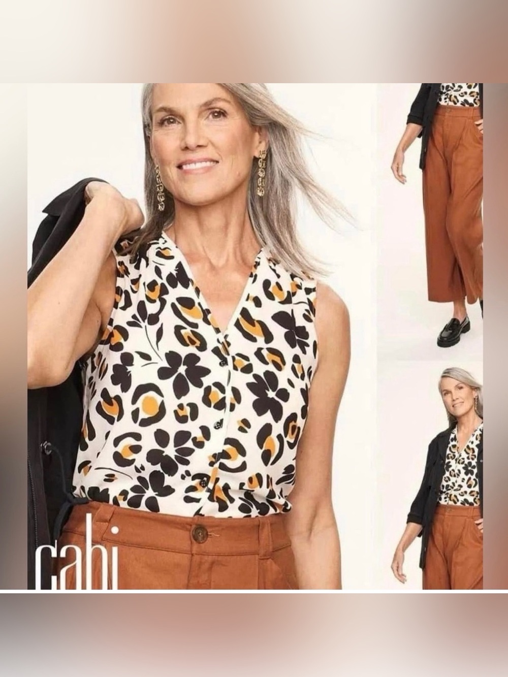 CAbi Cavort Sleeveless Floral & Leopard Blouse - White, Black & Mustard #6528